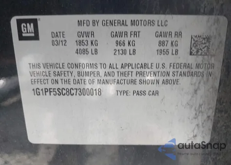 2012 Chevrolet Cruze 1Lt from USA, damaged, VIN 1G1PF5SC8C7300018